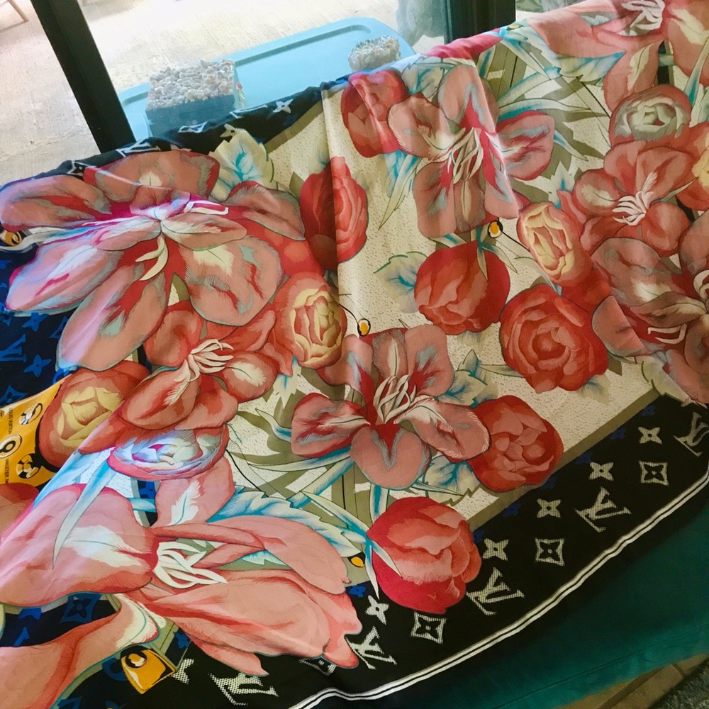 Floral Patterned Scarf with Black Border